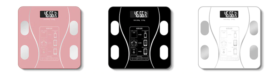Stijlvolle digitale weegschaal, glazen top, met LED-display voor lichaamsanalyse tot 180kg, meet 11 kenmerken.