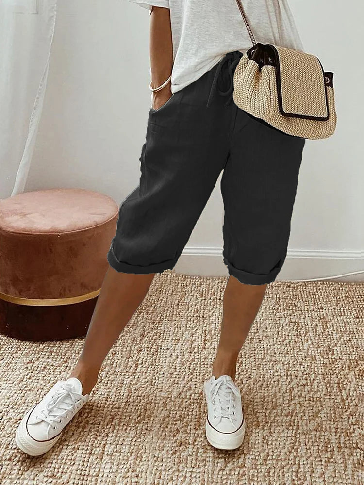 Stijlvolle en comfortabele dames shorts van katoenlinnen met elastische taille, trekkoorden en zijzakken, perfect voor zomer.