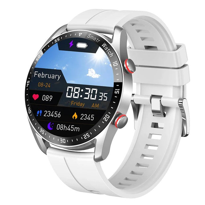 "Stijlvolle GlucoseGuard smartwatch in zwart met zilveren accenten, toont realtime gezondheids- en glucosewaarden op je pols.