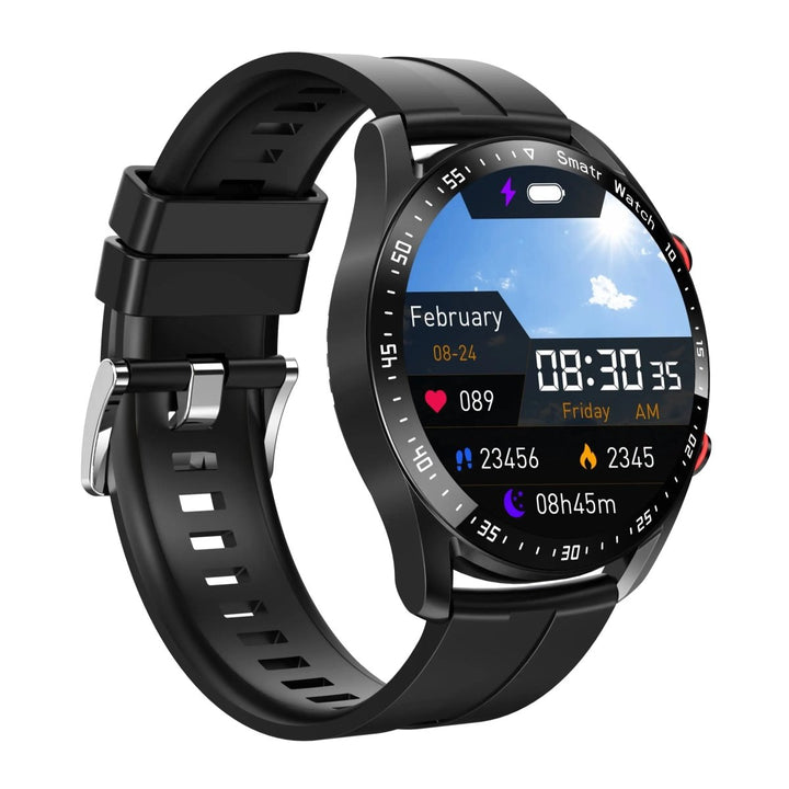 "Stijlvolle GlucoseGuard smartwatch in zwart met zilveren accenten, toont realtime gezondheids- en glucosewaarden op je pols.