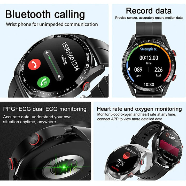"Stijlvolle GlucoseGuard smartwatch in zwart met zilveren accenten, toont realtime gezondheids- en glucosewaarden op je pols.