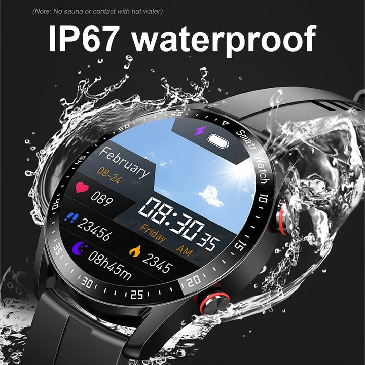 "Stijlvolle GlucoseGuard smartwatch in zwart met zilveren accenten, toont realtime gezondheids- en glucosewaarden op je pols.