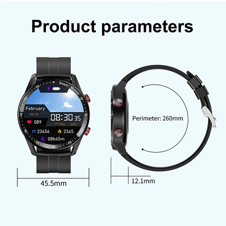 "Stijlvolle GlucoseGuard smartwatch in zwart met zilveren accenten, toont realtime gezondheids- en glucosewaarden op je pols.