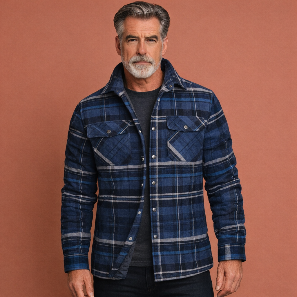 Details van de geruite stof van de heren overshirt jas. Hoogwaardige kwaliteit voor duurzaamheid.