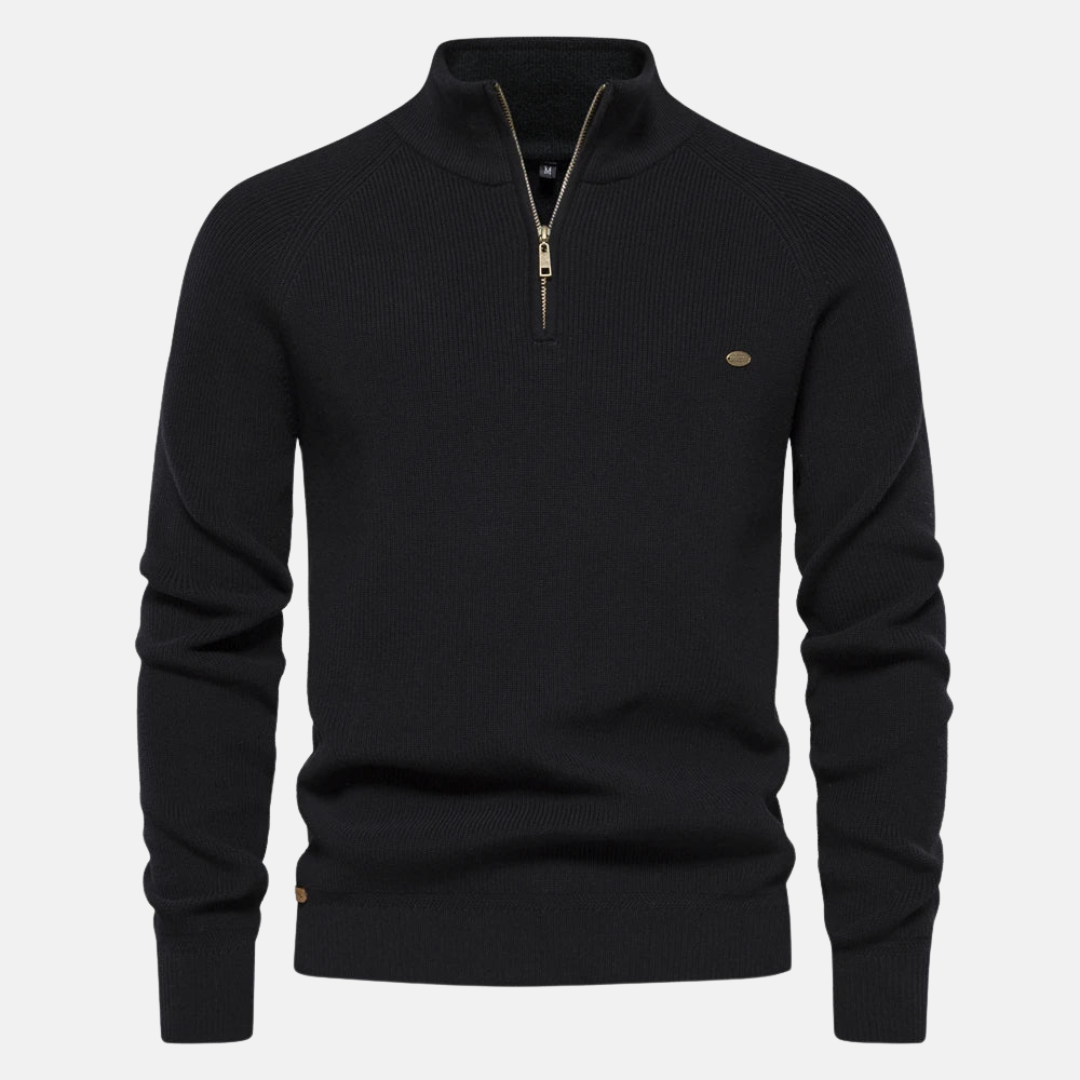 Comfortabele halfzip herensweater met ribgebreide mouwen. Perfecte casual pullover voor herfst en winter.