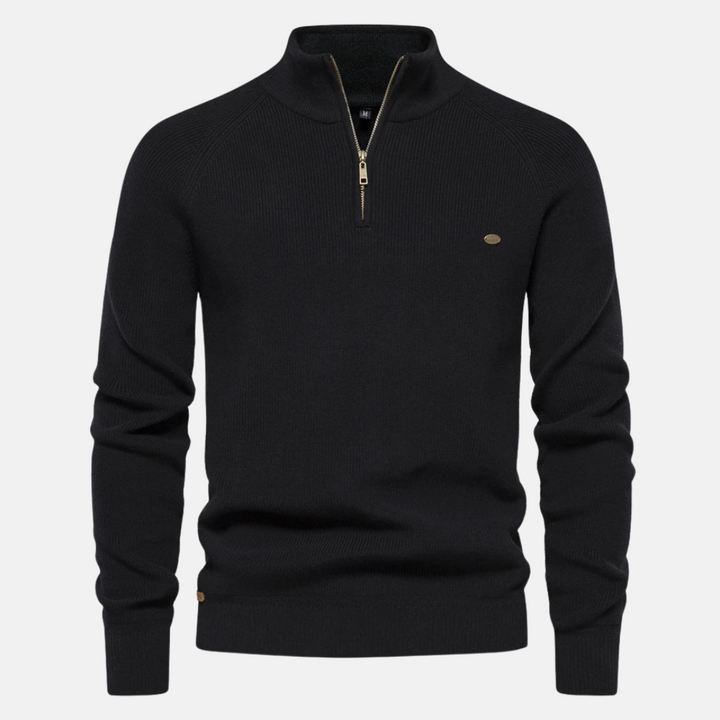 Comfortabele halfzip herensweater met ribgebreide mouwen. Perfecte casual pullover voor herfst en winter.