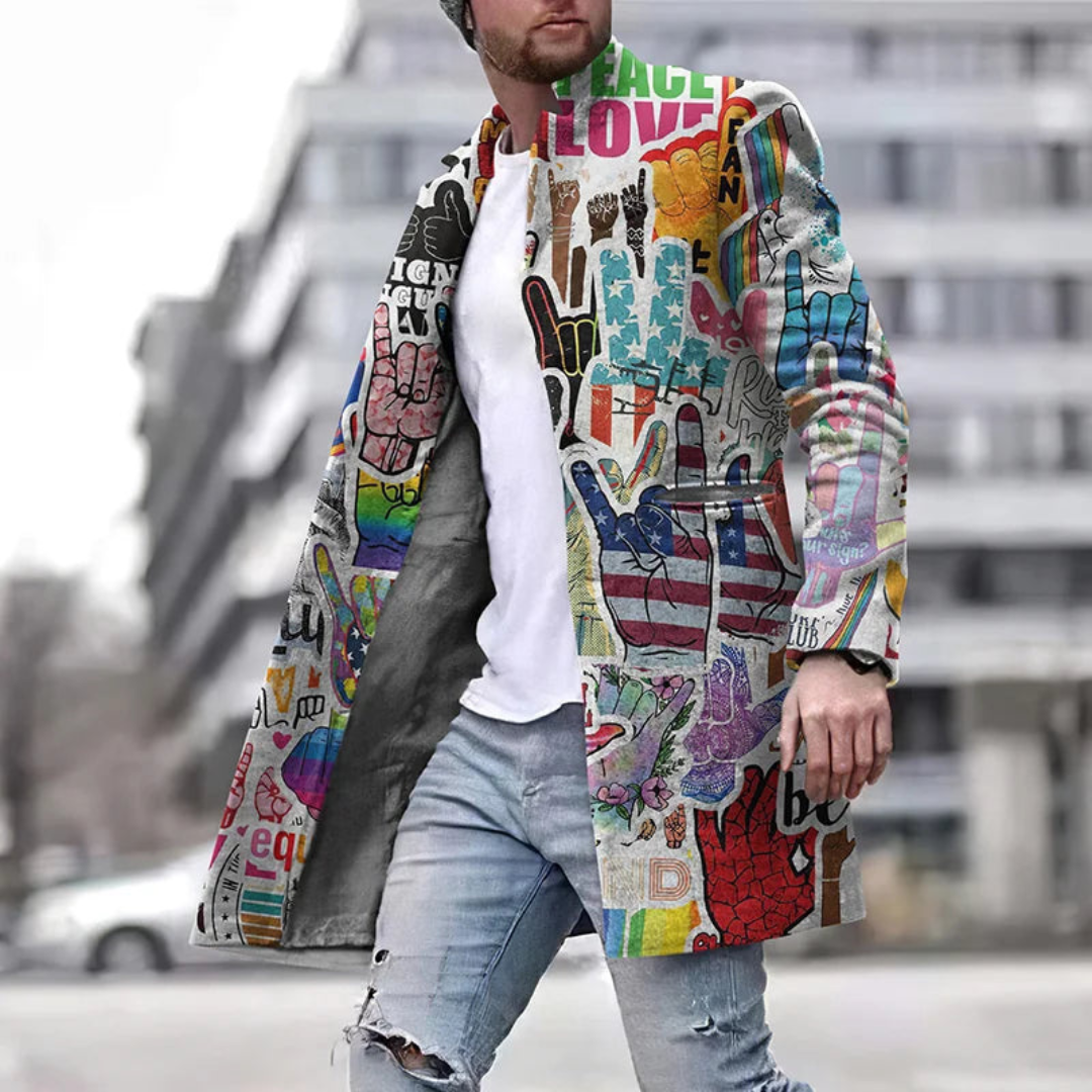 Stijlvolle heren lange manteljas met uniek grafisch patroon, ideaal voor herfst en winter, modieus en warm.
