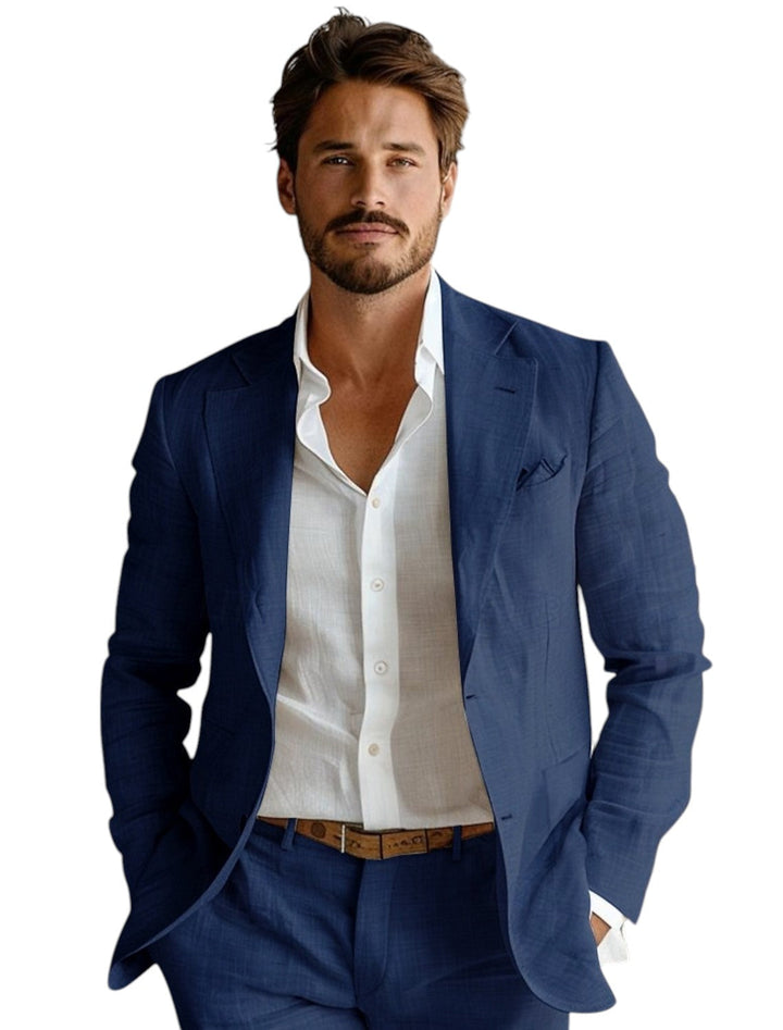 "Stijlvolle heren linnen blazer in beige, luchtig en ademend, perfect voor warme zomerdagen en vele gelegenheden."