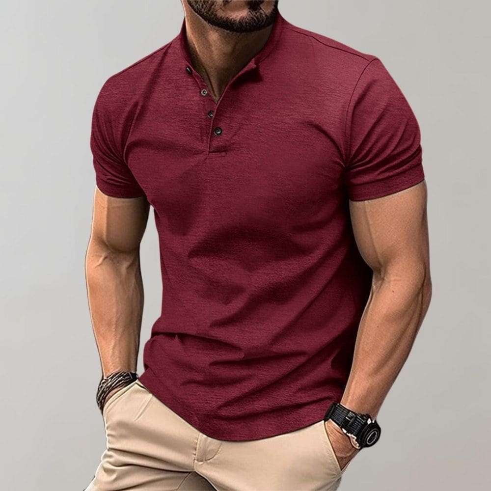 Moderne heren polo met staande kraag, slim fit pasvorm voor een stijlvolle en zakelijk casual outfit.
