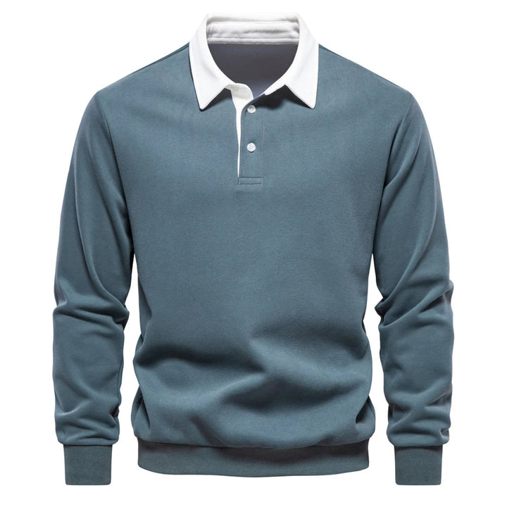 "Stijlvolle heren polo sweatshirt met klassieke kraag en patchwork detail, gemaakt van zachte katoenblend, regular fit."