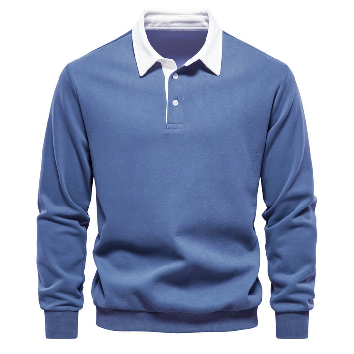 "Stijlvolle heren polo sweatshirt met klassieke kraag en patchwork detail, gemaakt van zachte katoenblend, regular fit."