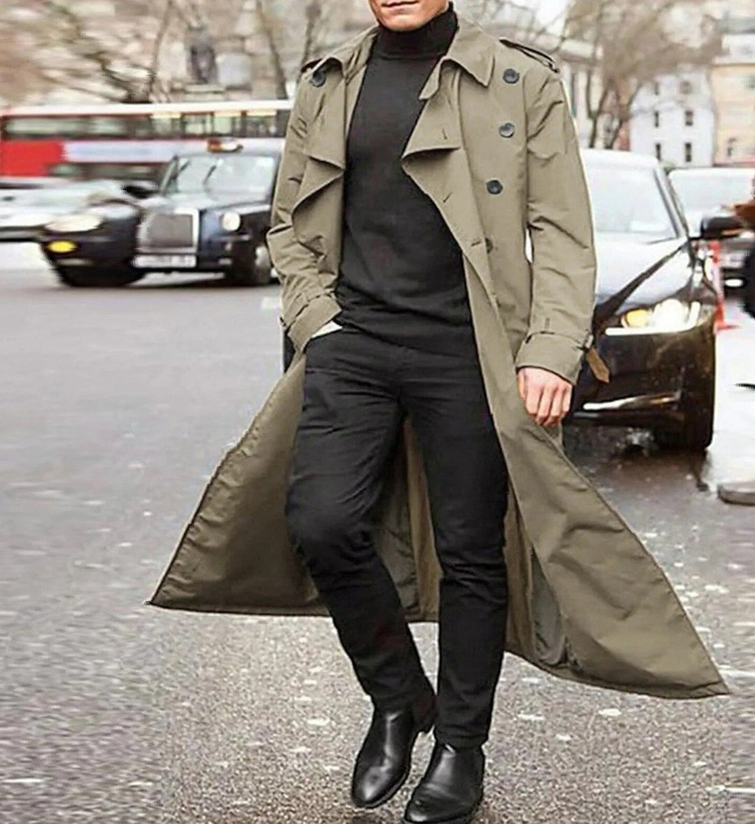 "Stijlvolle heren trenchcoat met moderne snit, verkrijgbaar in zwart, groen en oranje, geschikt voor casual en formele looks.
