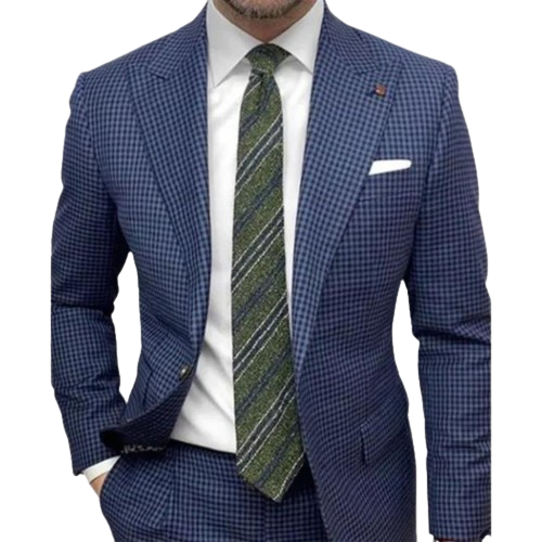 "Stijlvolle herenjas met blauwe strepen, revers kraag en elegante uitstraling, ideaal voor elke gelegenheid"