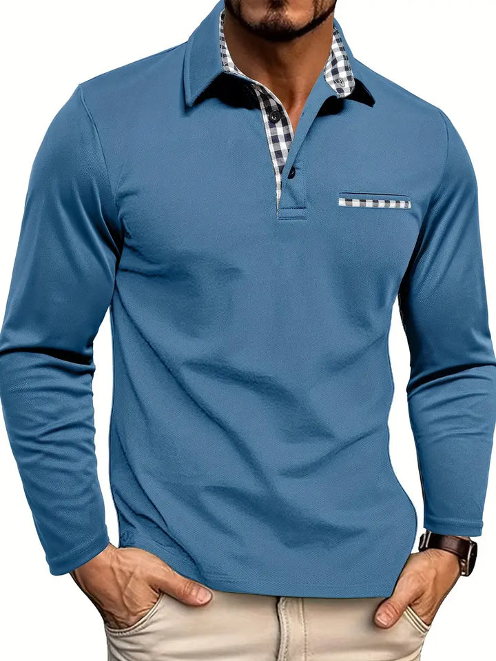 "Stijlvolle herenpolo katoenmix, lange mouwen, voorkant, comfort fit, ideaal voor frisse dagen, gecombineerd met chino's."