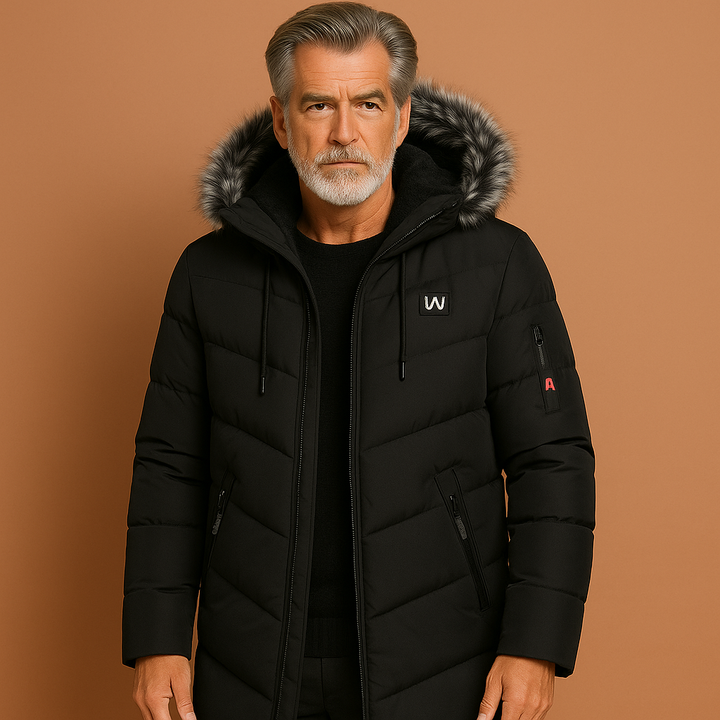 Comfortabele lange heren winterjas met capuchon, warm gevoerd voor outdoor activiteiten in herfst en winter.