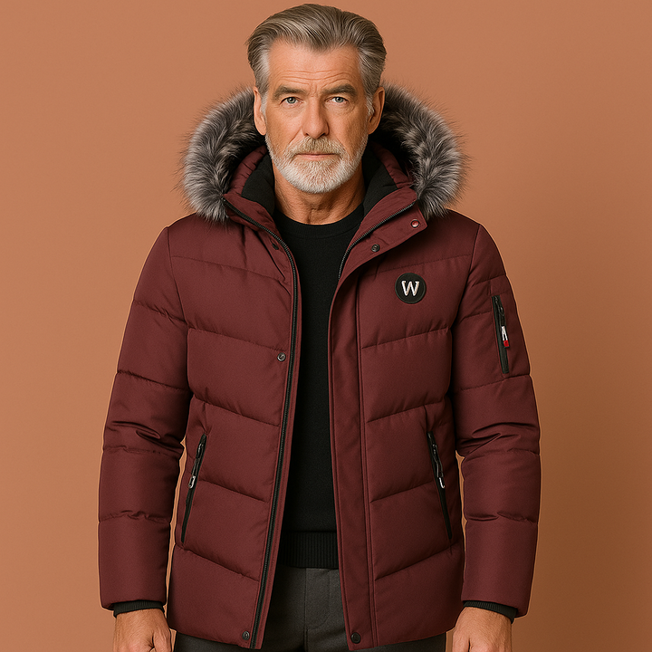 Lange gevoerde heren winterjas met capuchon, perfect voor bescherming tegen kou in de winter. Stijlvolle mannenmode.