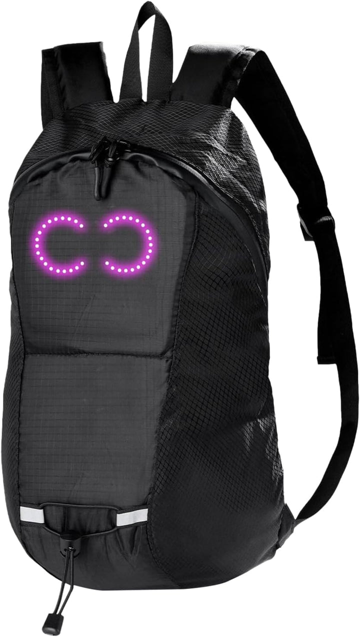 Zwarte waterdichte LED rugzak met dynamische lichteffecten, ideaal voor avontuurlijke reizen en stedelijke exploratie.