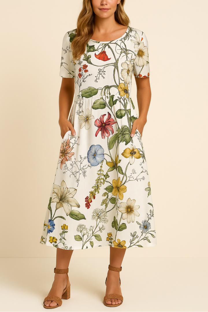 "Stijlvolle midi-jurk dames met charmant bloemenmotief en luchtige stof voor comfort en elegantie"