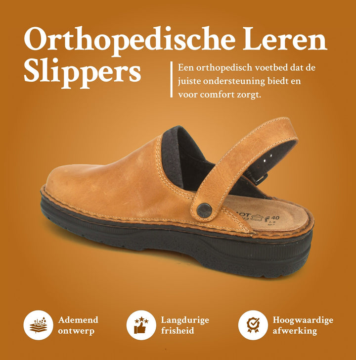 "Stijlvolle orthopedische leren herenpantoffels met verstelbare band en antislipzool in luxe, ademend materiaal."