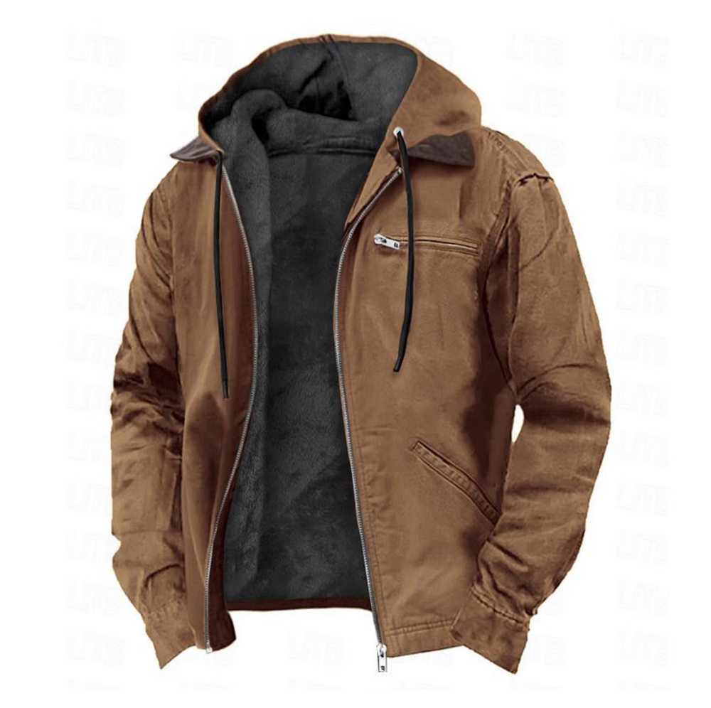 "Stijlvolle Tristan herfstjas heren in bruin met capuchon, katoenmix, koordsluiting en praktische zakken, ideaal voor herfst.