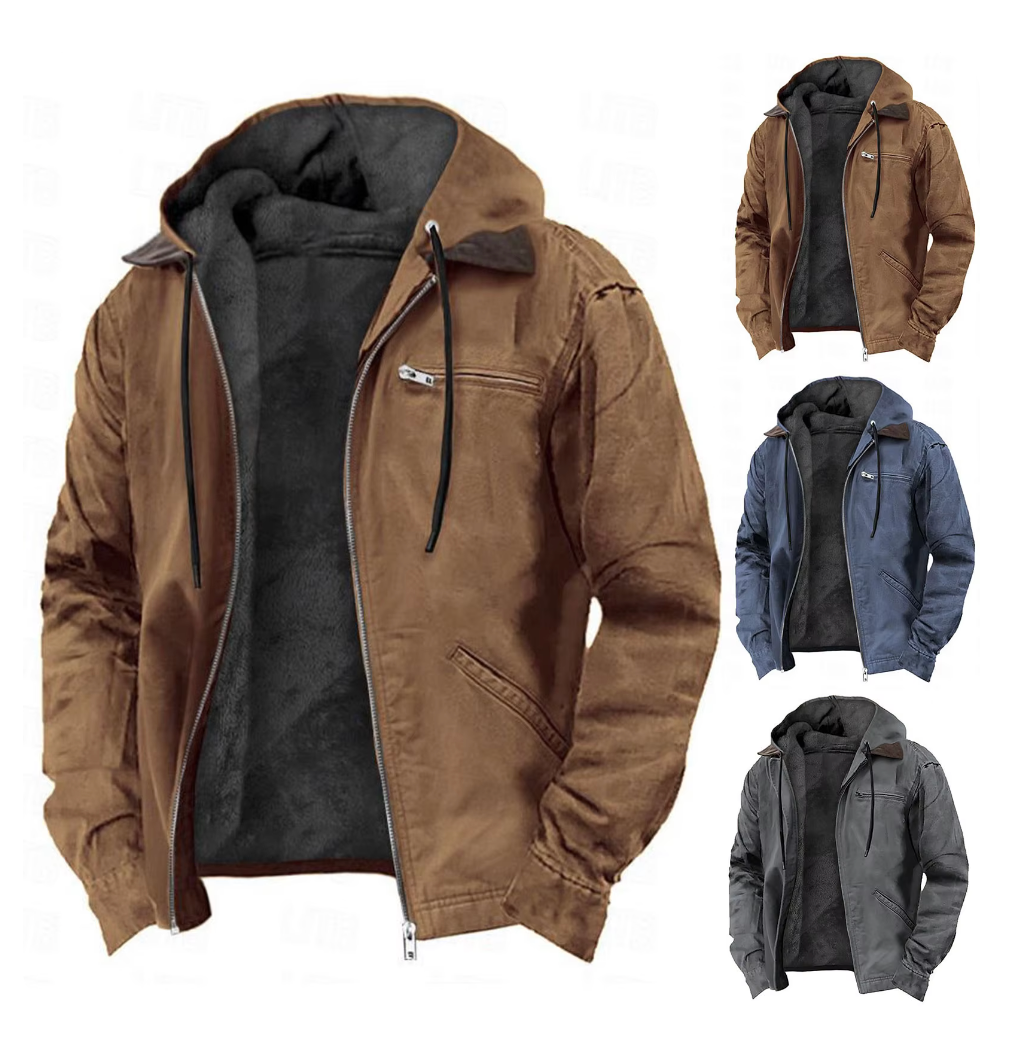"Stijlvolle Tristan herfstjas heren in bruin met capuchon, katoenmix, koordsluiting en praktische zakken, ideaal voor herfst.