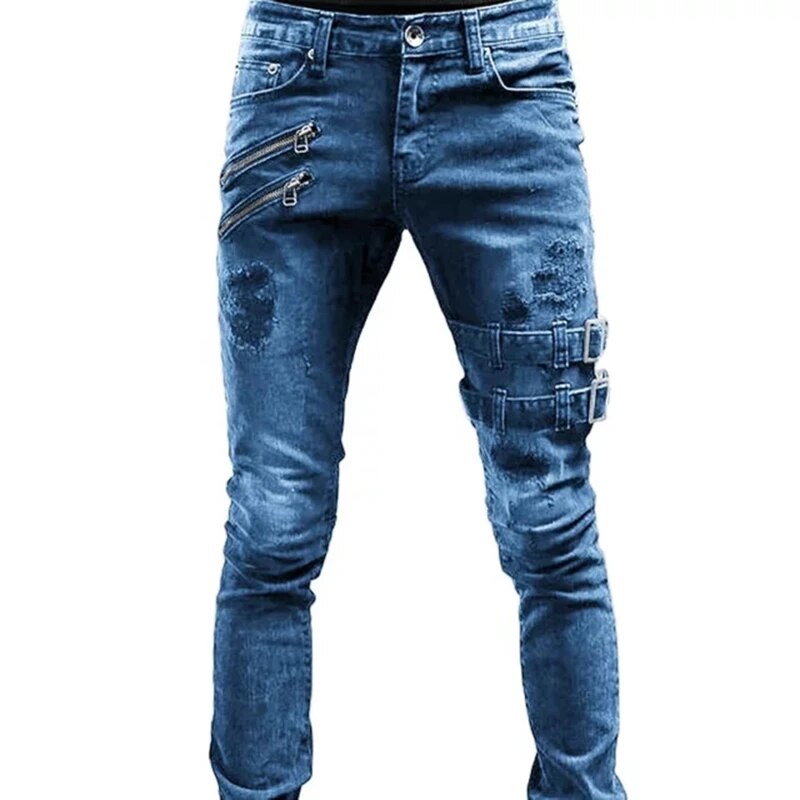 Stijlvolle urban denim joggers voor heren, biker look met gescheurde details en fake ritsen, comfortabel en modieus.