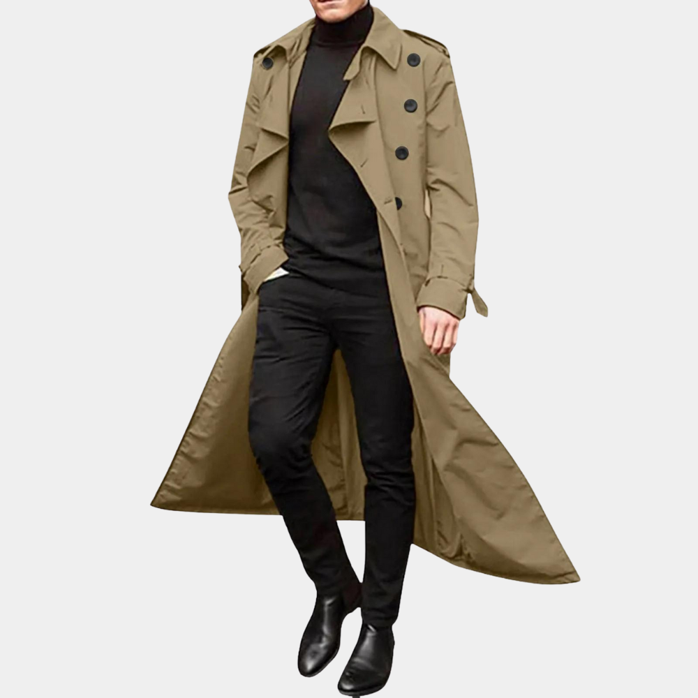 "Stijlvolle waterafstotende lange heren trenchcoat in khaki met verstelbare mouwen en tijdloos ontwerp."