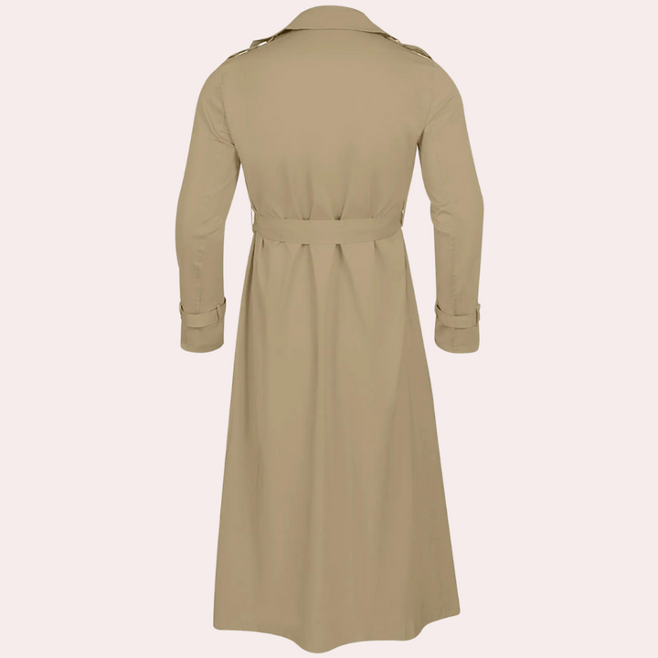 "Stijlvolle waterafstotende lange heren trenchcoat in khaki met verstelbare mouwen en tijdloos ontwerp."