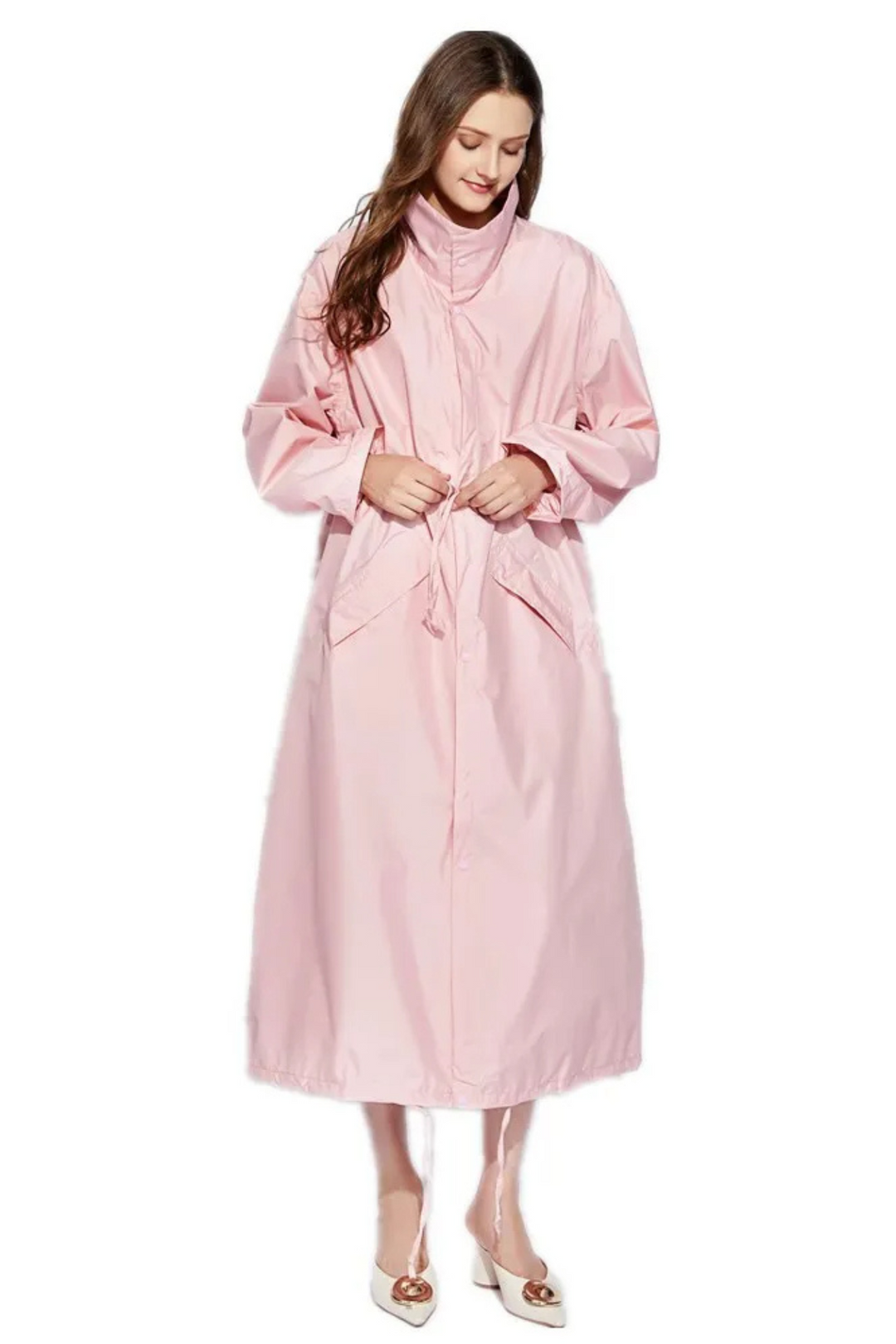 Stijlvolle waterdichte lange regenjas voor dames, verstelbare taille, ruime capuchon, verkrijgbaar in diverse kleuren.