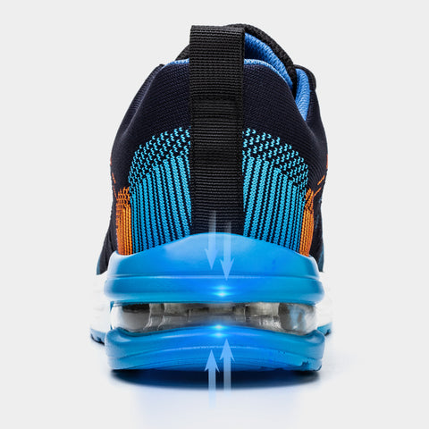 "Stoere blauwe veiligheidsschoenen met stalen neus en Kevlar-zool, lichtgewicht sneakerontwerp voor maximaal comfort."