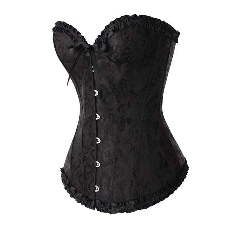 Strapless zwart kanten dameskorset met bloemenpatroon en verstelbare sluiting; elegant design, ideaal voor diverse gelegenhed