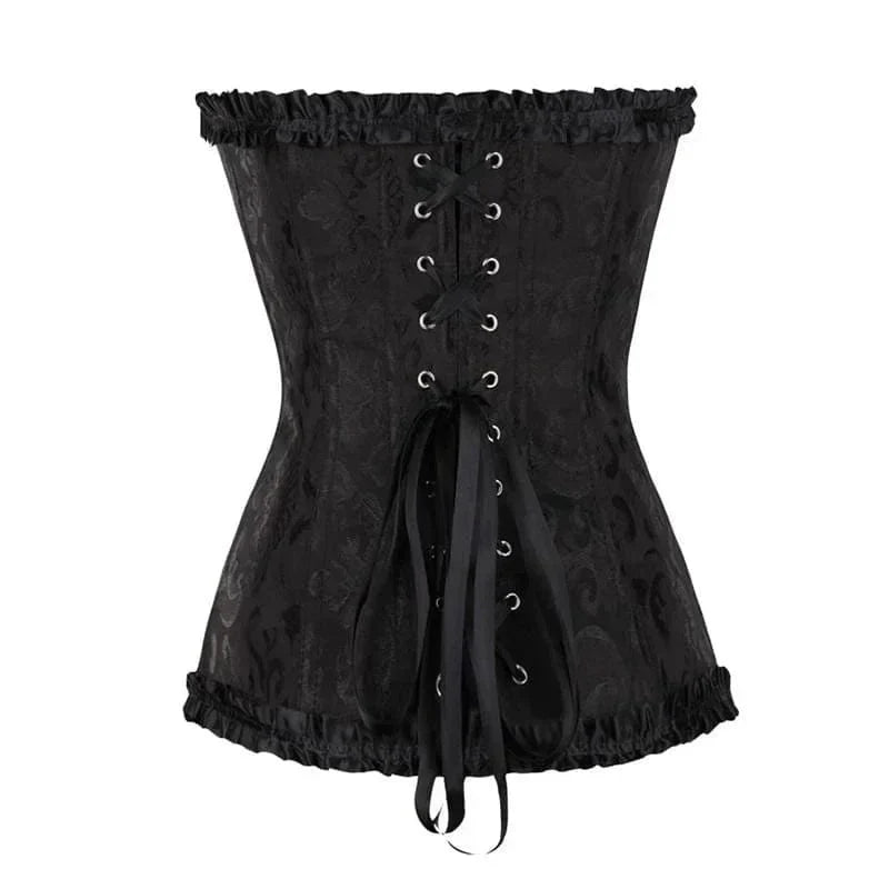 Strapless zwart kanten dameskorset met bloemenpatroon en verstelbare sluiting; elegant design, ideaal voor diverse gelegenhed