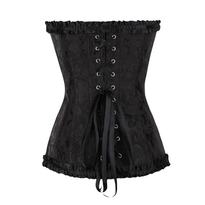 Strapless zwart kanten dameskorset met bloemenpatroon en verstelbare sluiting; elegant design, ideaal voor diverse gelegenhed