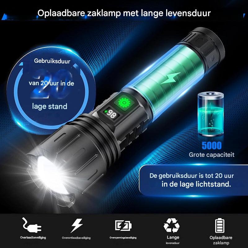 Oplaadbare LED zaklamp met lange levensduur en batterij-indicator