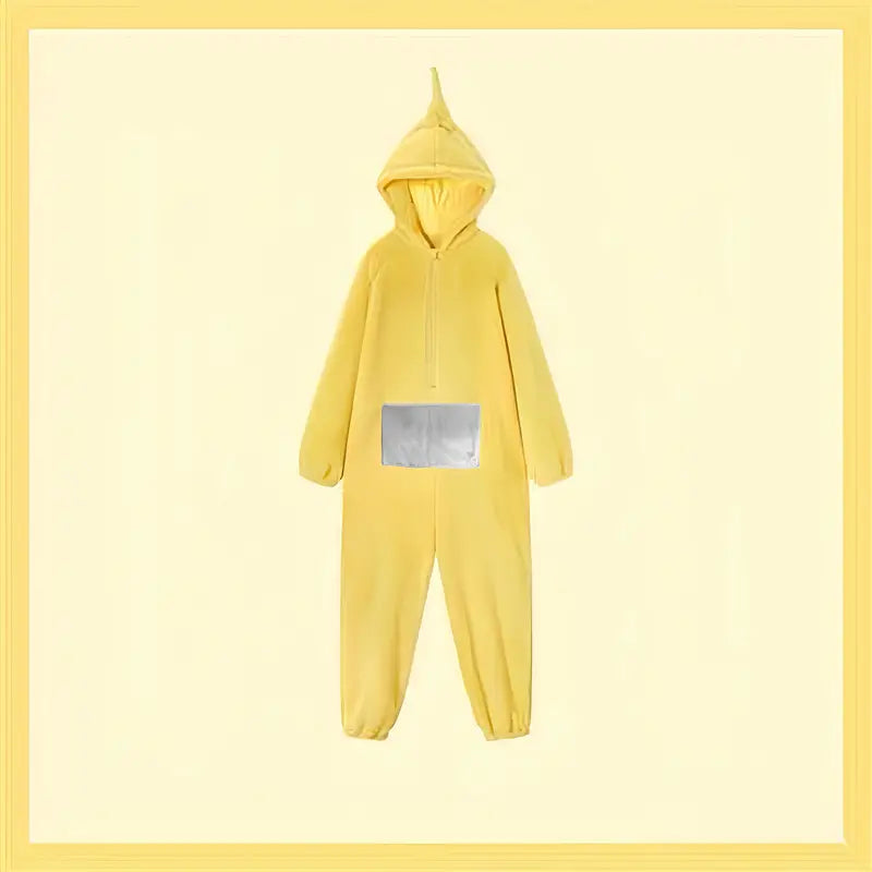 "Teletubbies kostuum pyjama flanel jumpsuit met capuchon, kleurrijk ontwerp, comfortabel voor Halloween en verkleedfeestjes."