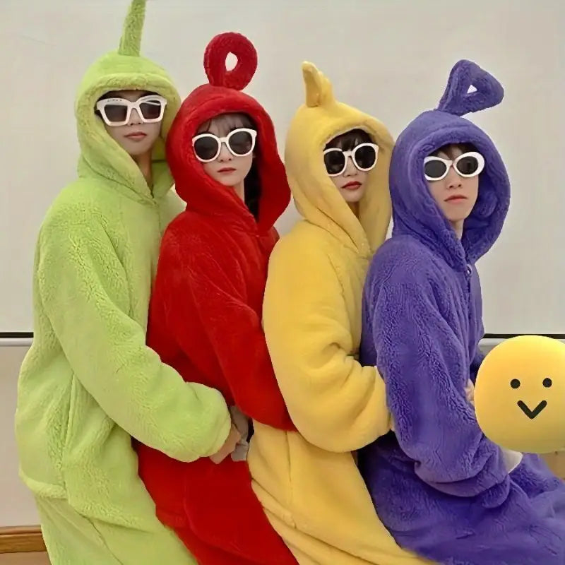 "Teletubbies kostuum pyjama flanel jumpsuit met capuchon, kleurrijk ontwerp, comfortabel voor Halloween en verkleedfeestjes."