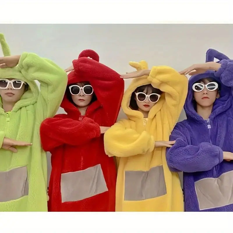 "Teletubbies kostuum pyjama flanel jumpsuit met capuchon, kleurrijk ontwerp, comfortabel voor Halloween en verkleedfeestjes."