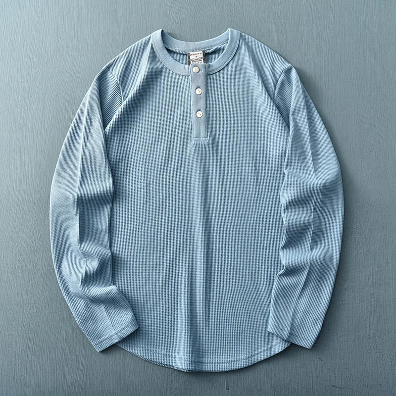 Blauw heren Henley T-shirt met lange mouwen en knoopsluiting