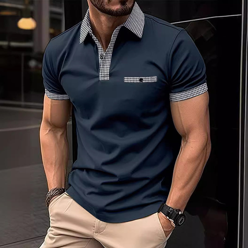 Zomerse casual herenpolo, pied-de-poule print, korte mouwen, perfect voor de trendy man.