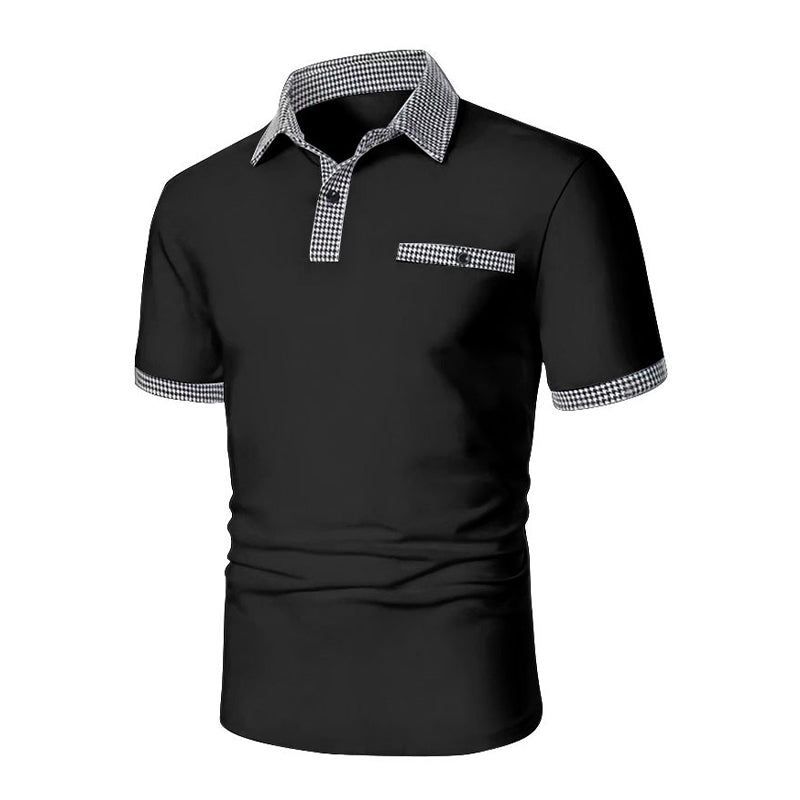 Trendy herenpolo met korte mouwen en uniek pied-de-poule motief, perfect voor casual herenkleding.