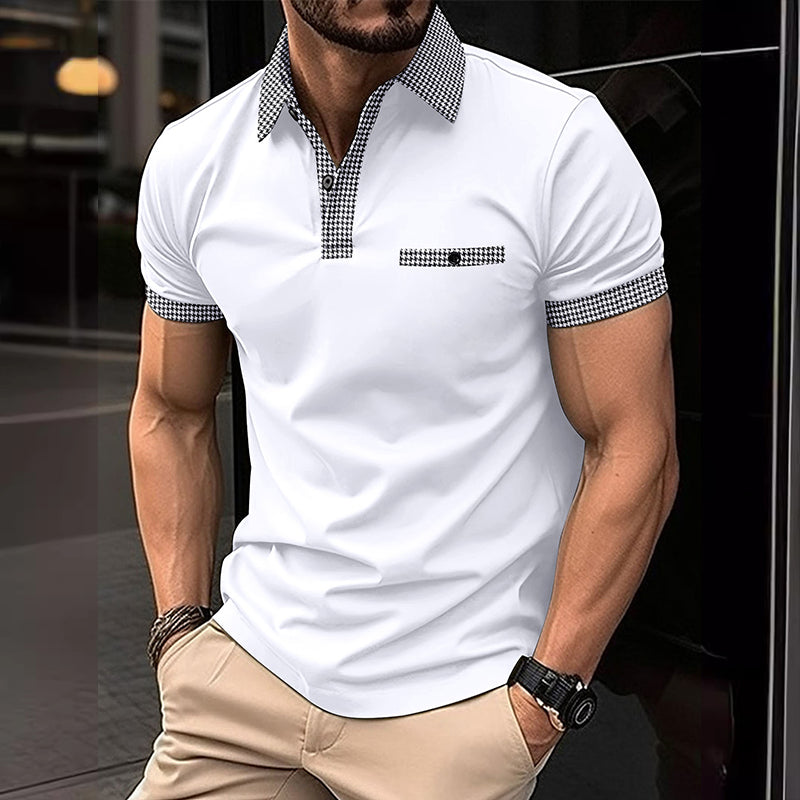Stijlvolle pied-de-poule herenpolo, comfortabel en geschikt voor diverse casual gelegenheden in de zomer.