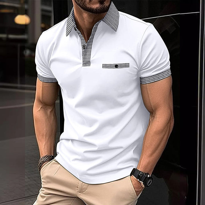 Stijlvolle pied-de-poule herenpolo, comfortabel en geschikt voor diverse casual gelegenheden in de zomer.