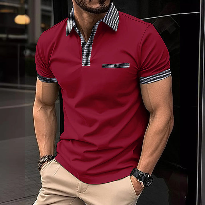 Stijlvolle herenpolo met pied-de-poule patroon, korte mouwen, voor een moderne en comfortabele zomeroutfit.