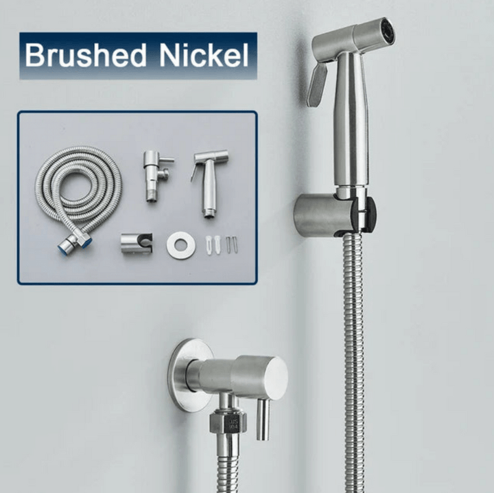 "Toilet bidet sprayer, modern ontwerp, roestbestendig, zilver, zwart, hygiënisch en comfortabel accessoire voor badkamer."