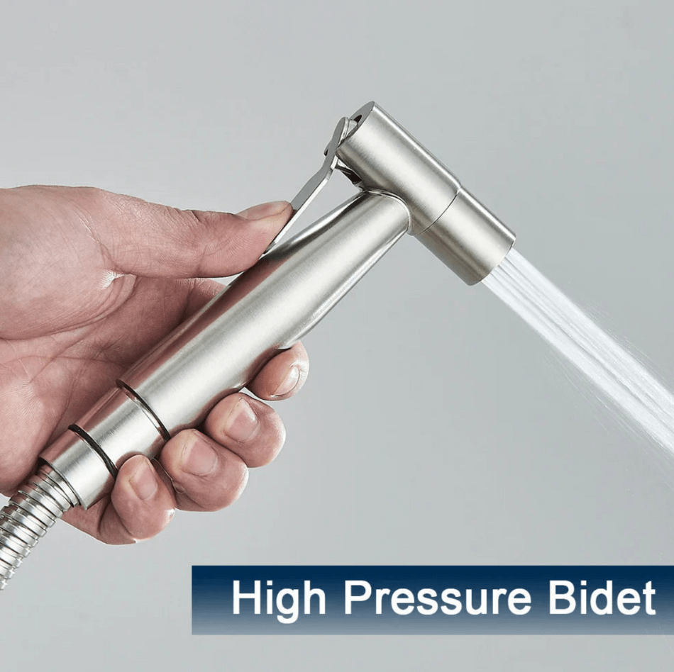"Toilet bidet sprayer, modern ontwerp, roestbestendig, zilver, zwart, hygiënisch en comfortabel accessoire voor badkamer."