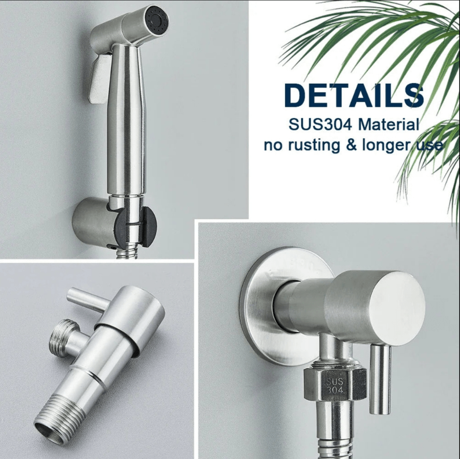 "Toilet bidet sprayer, modern ontwerp, roestbestendig, zilver, zwart, hygiënisch en comfortabel accessoire voor badkamer."