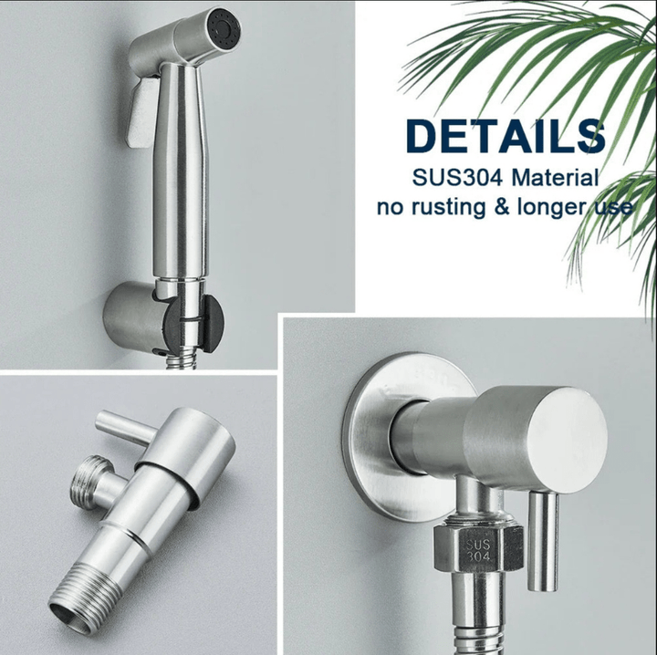 "Toilet bidet sprayer, modern ontwerp, roestbestendig, zilver, zwart, hygiënisch en comfortabel accessoire voor badkamer."