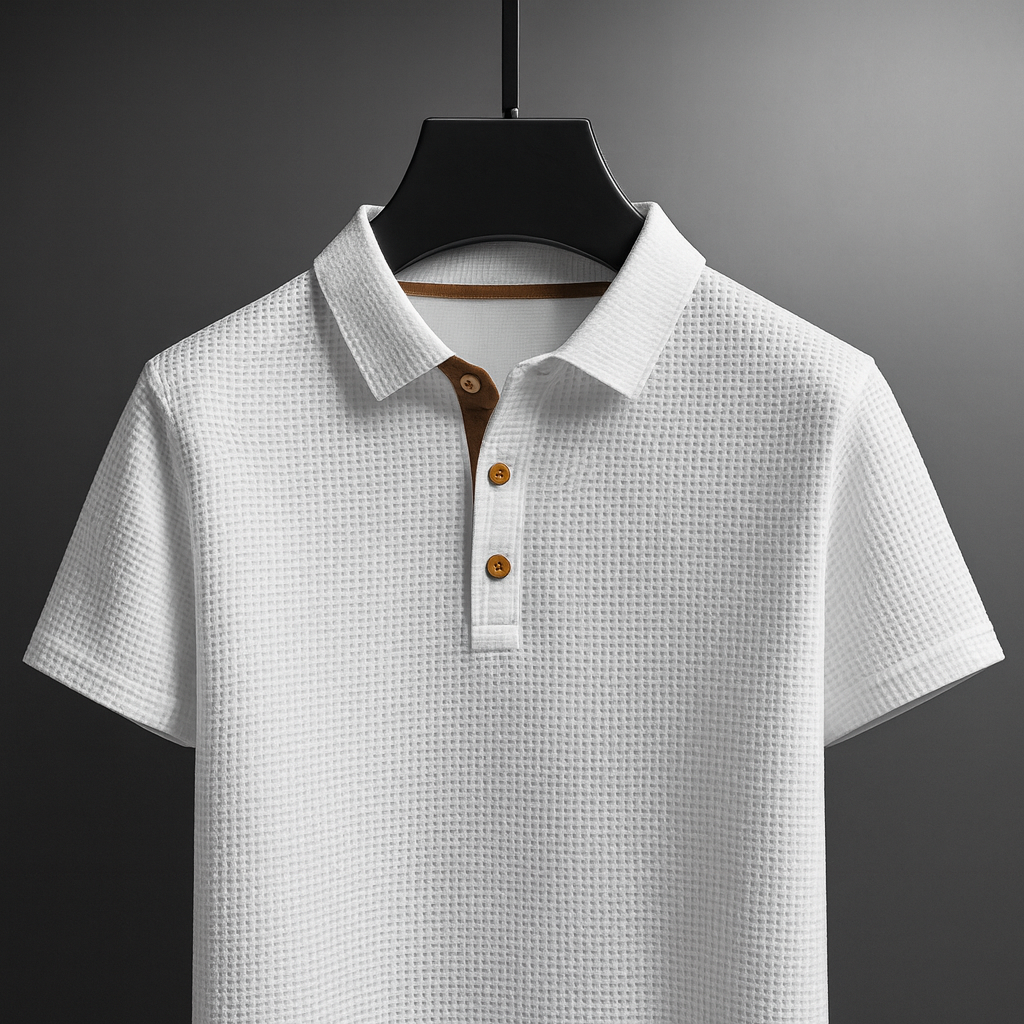 Witte heren polo met wafelstructuur en korte mouw op een kledinghanger