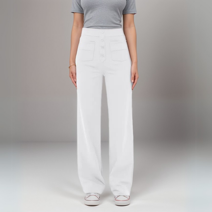 "Trendy hoge taille broek dames, slank silhouet, zwart, superzacht, stretch, zakken, eco-vriendelijk, stijlvol en comfortabel