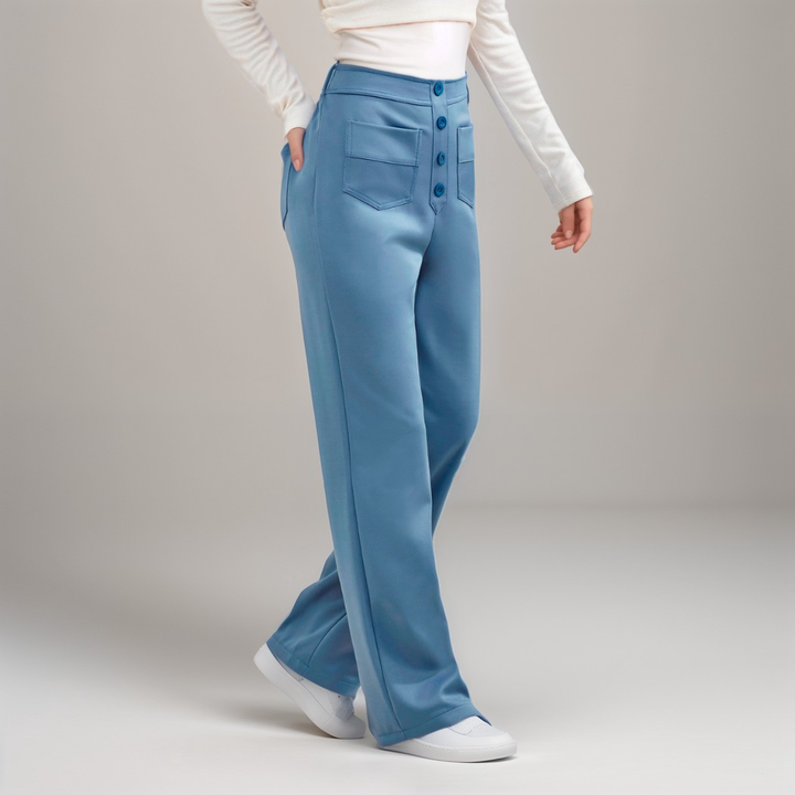 "Trendy hoge taille broek dames, slank silhouet, zwart, superzacht, stretch, zakken, eco-vriendelijk, stijlvol en comfortabel